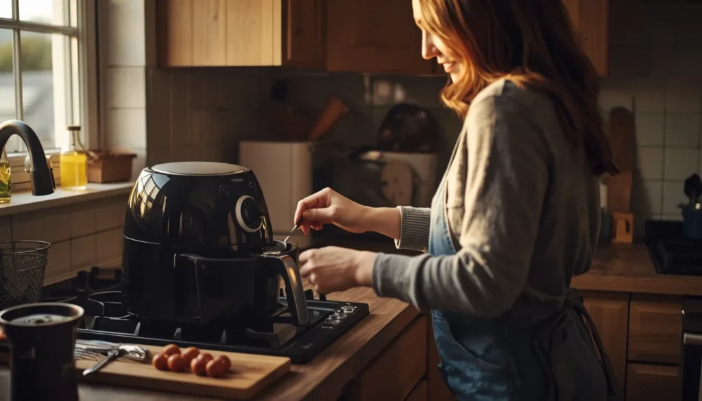 persona cocinando con freidora de aire en casa