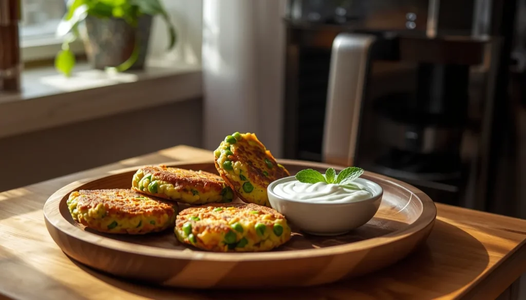 buñuelos de guisantes y feta en freidora de aire crujientes