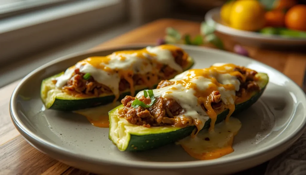 calabacín relleno en freidora de aire con queso fundido
