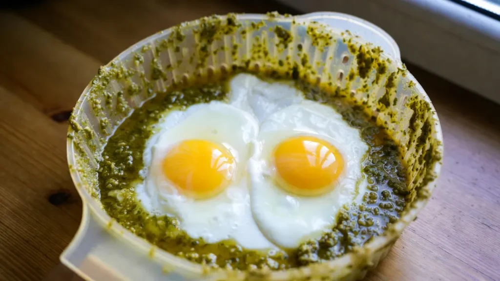 huevos al pesto en freidora de aire con yema dorada