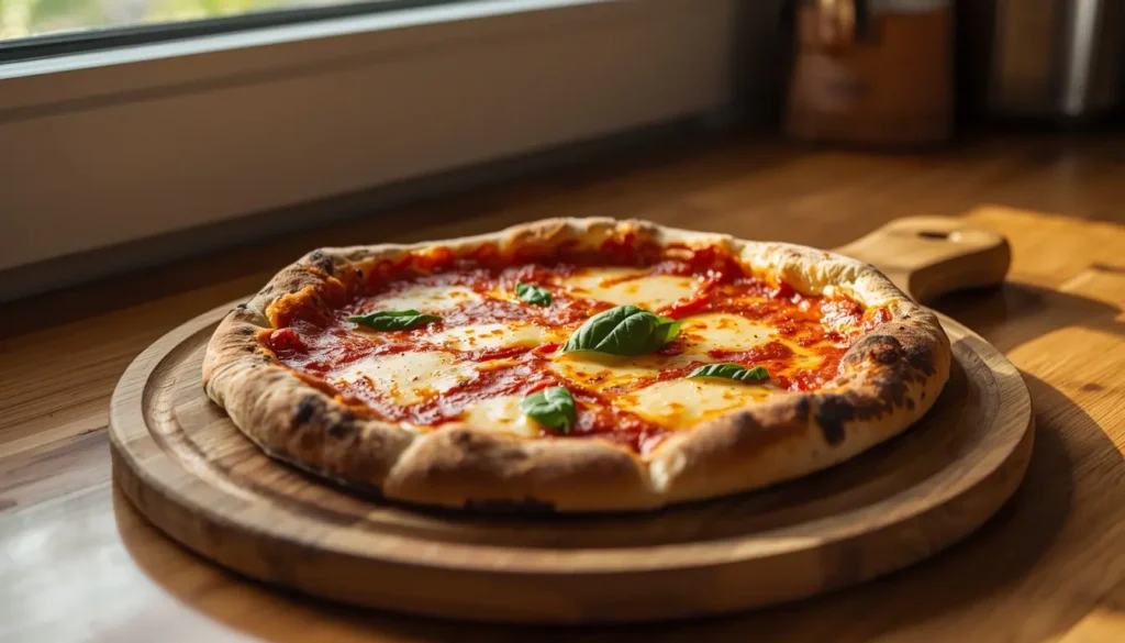 pizza en freidora de aire crujiente con queso fundido