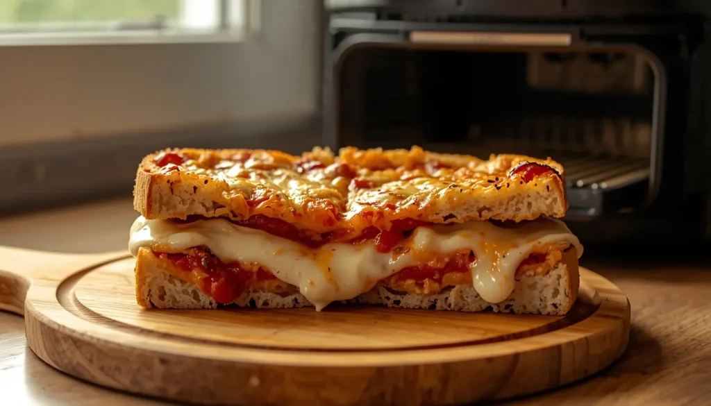 sándwich de pizza en freidora de aire con mozzarella fundida