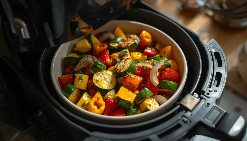 verduras asadas con vinagreta caliente en freidora de aire
