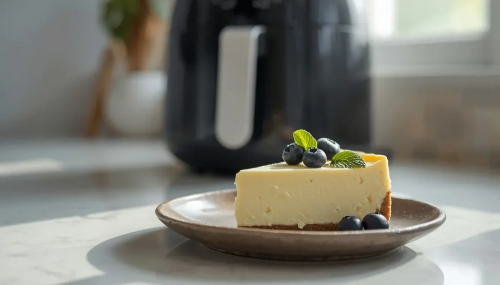 Tarta de queso fit en freidora de aire cremosa con arándanos en plato rústico.