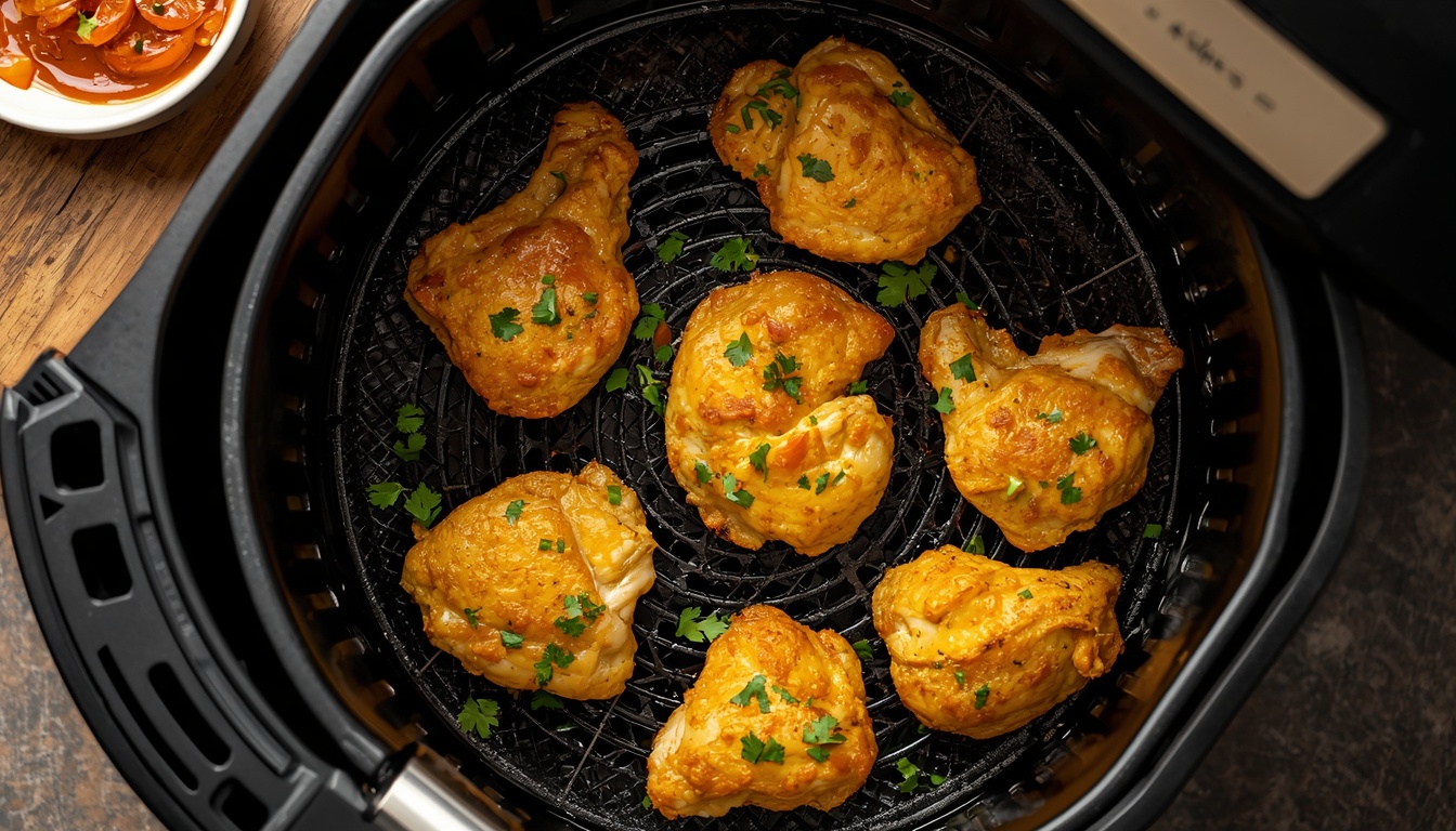 pollo al curry en freidora de aire jugoso