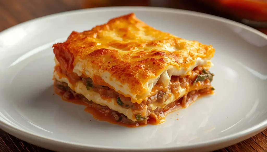 Lasaña congelada cocinada en freidora de aire con queso gratinado.